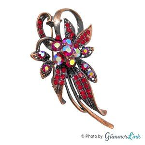 Floral Bouquet AB Aurora Borealis Red Rhinestone Statement Copper Tone Brooch